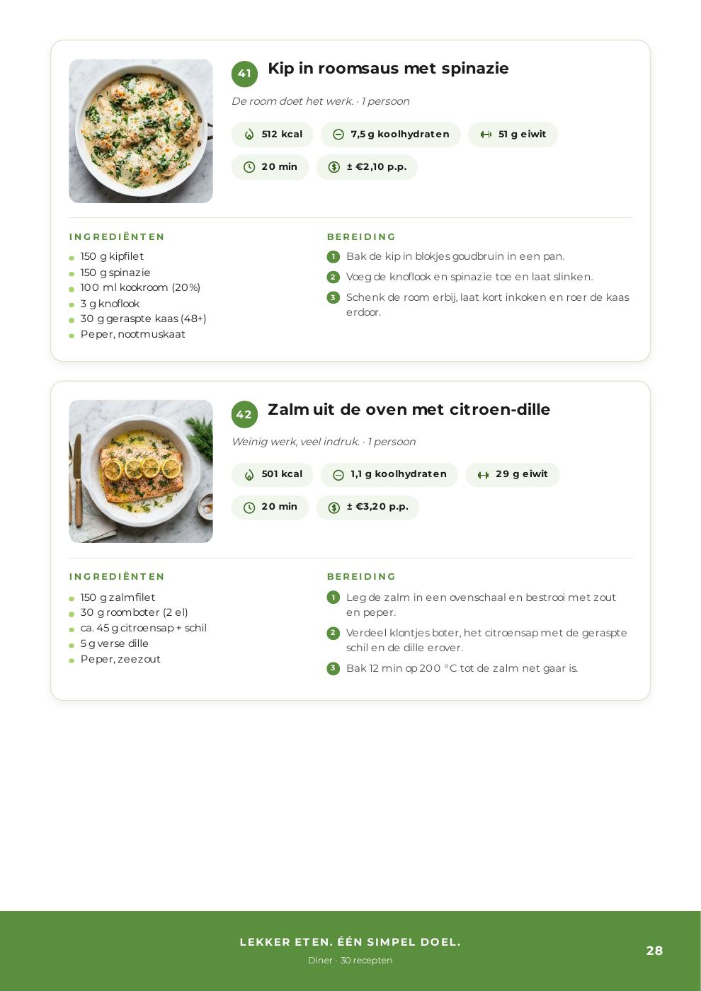 Echte receptpagina met kip in roomsaus met spinazie en zalm uit de oven